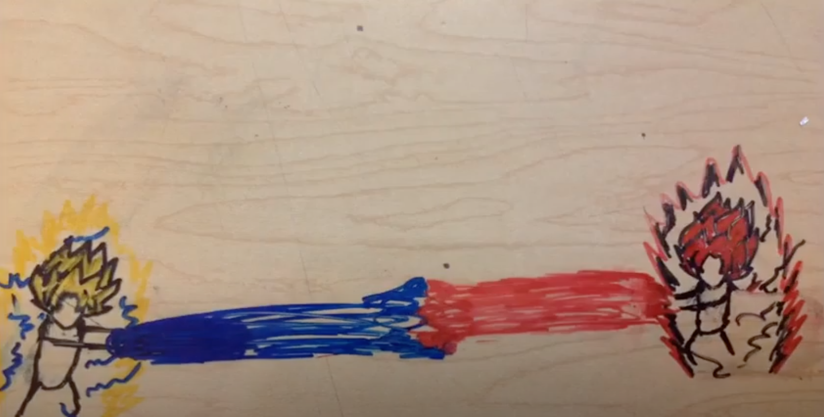 Marker drawing of characters fighting with red and blue lights