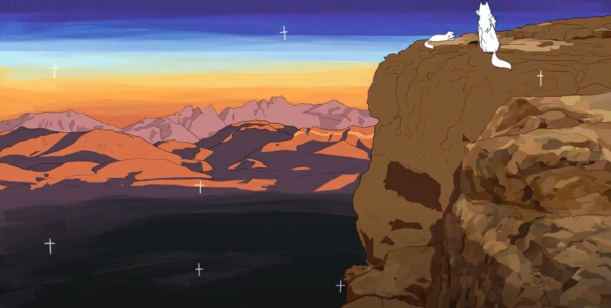 Cartoon of a wolf sitting on a cliff looking at a sunset