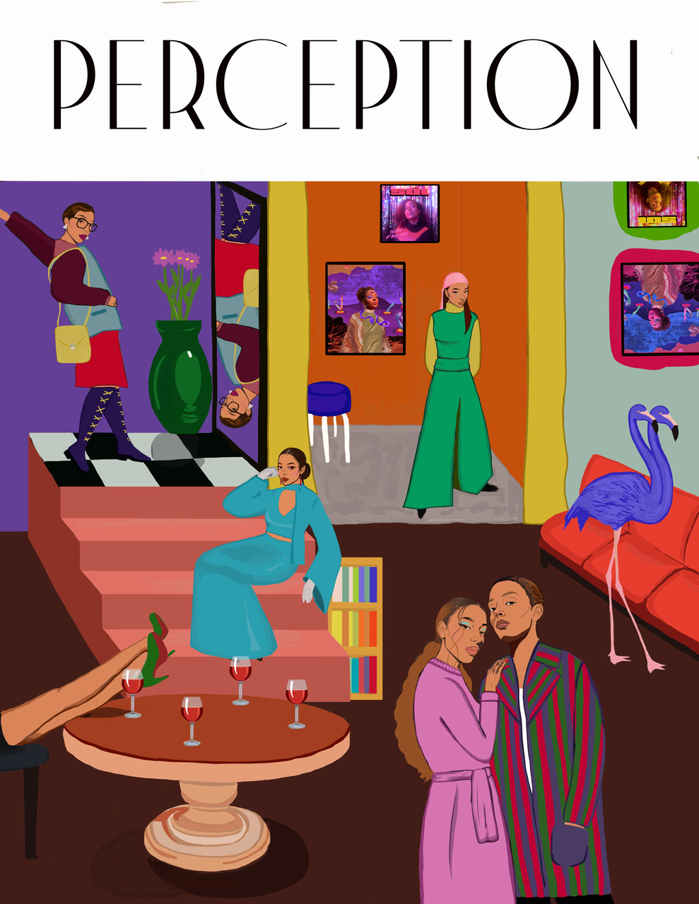 Digital image of party scene with word "perception" above