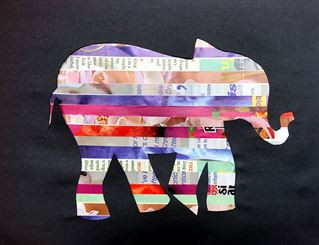 The silhouette of an elephant made from colorful strips of paper on a black background.