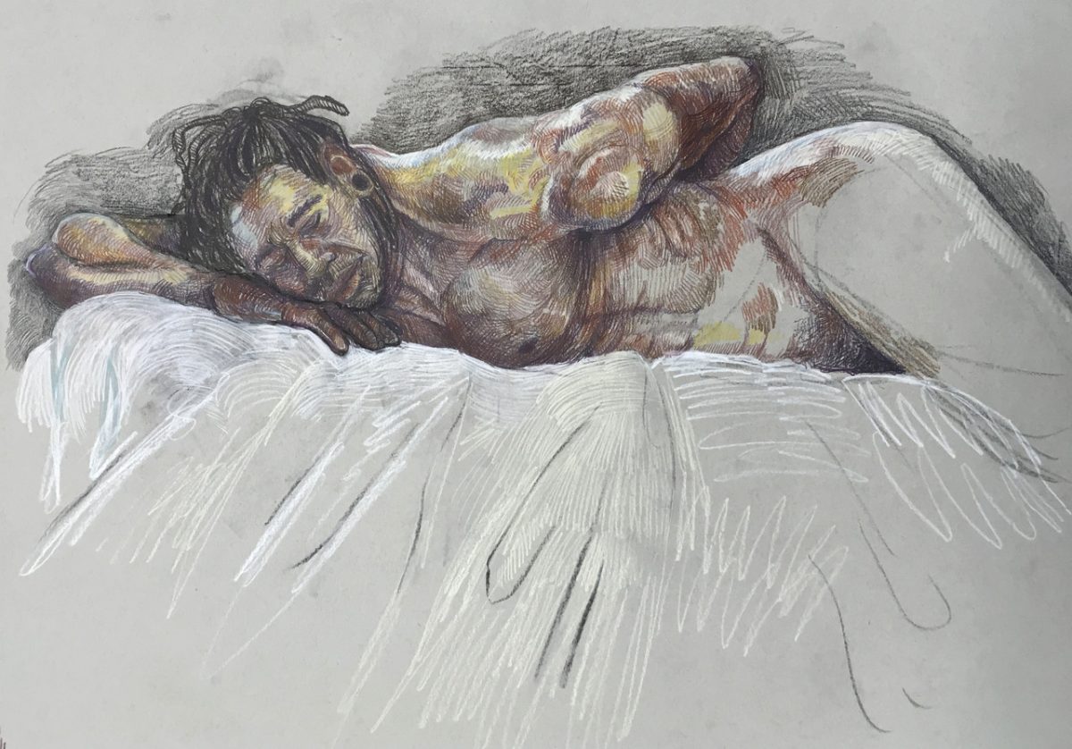 Drawing of nude life figure on a white cloth, arm behind back