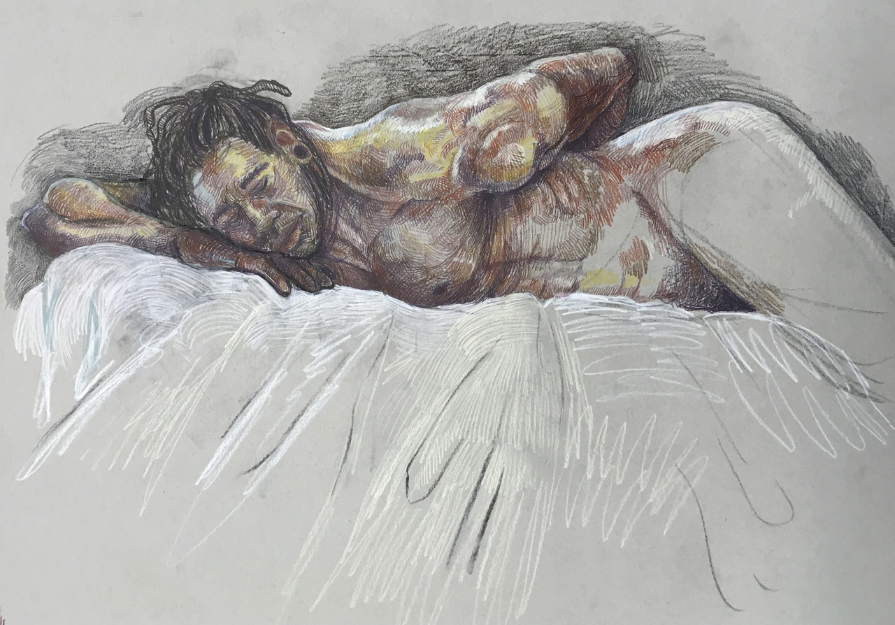 Drawing of nude life figure on a white cloth, arm behind back