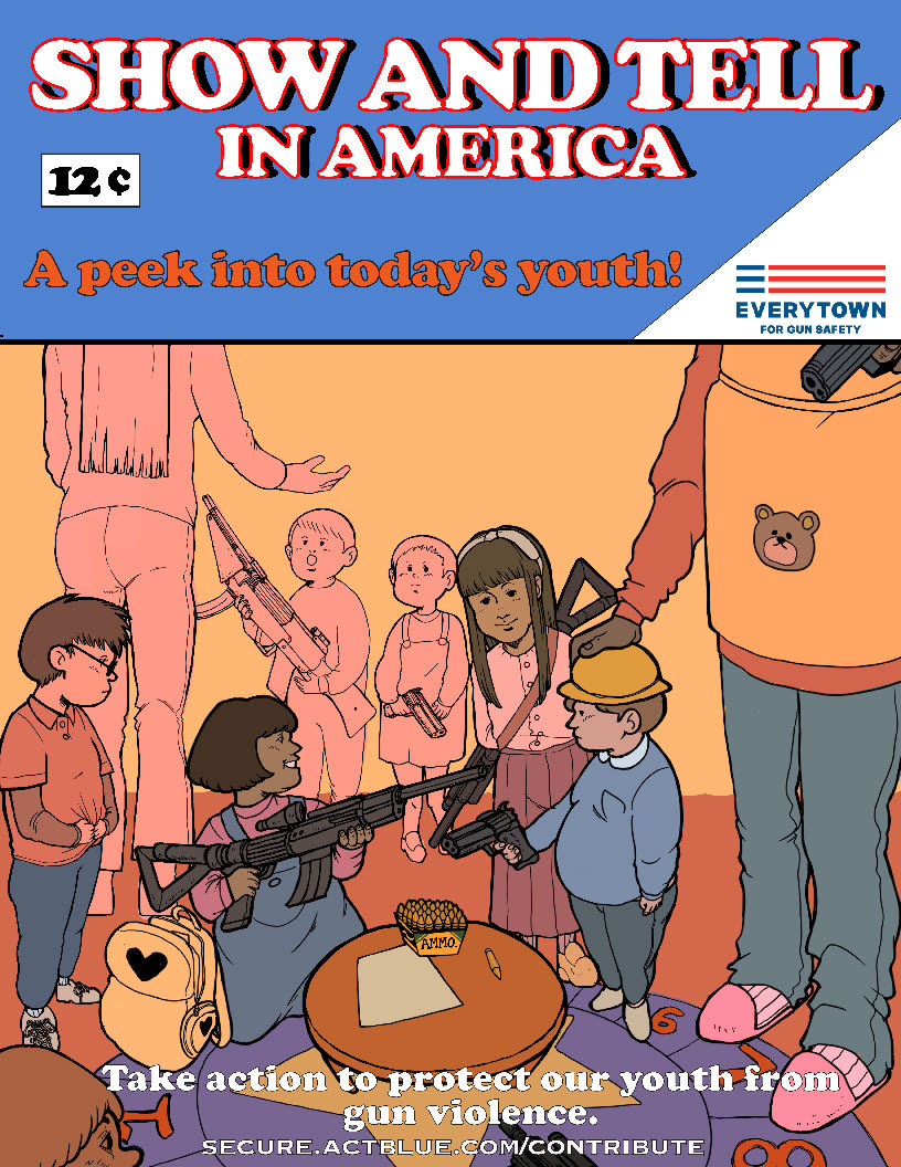 Children gathered in a circle holding guns, with adults supervising