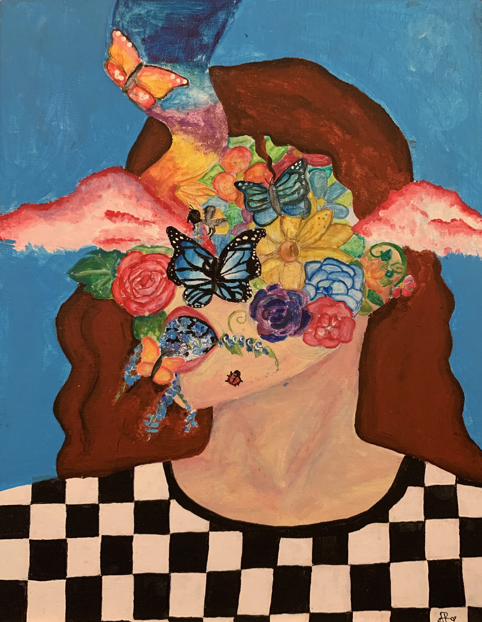 Painting of face with flowers coming out