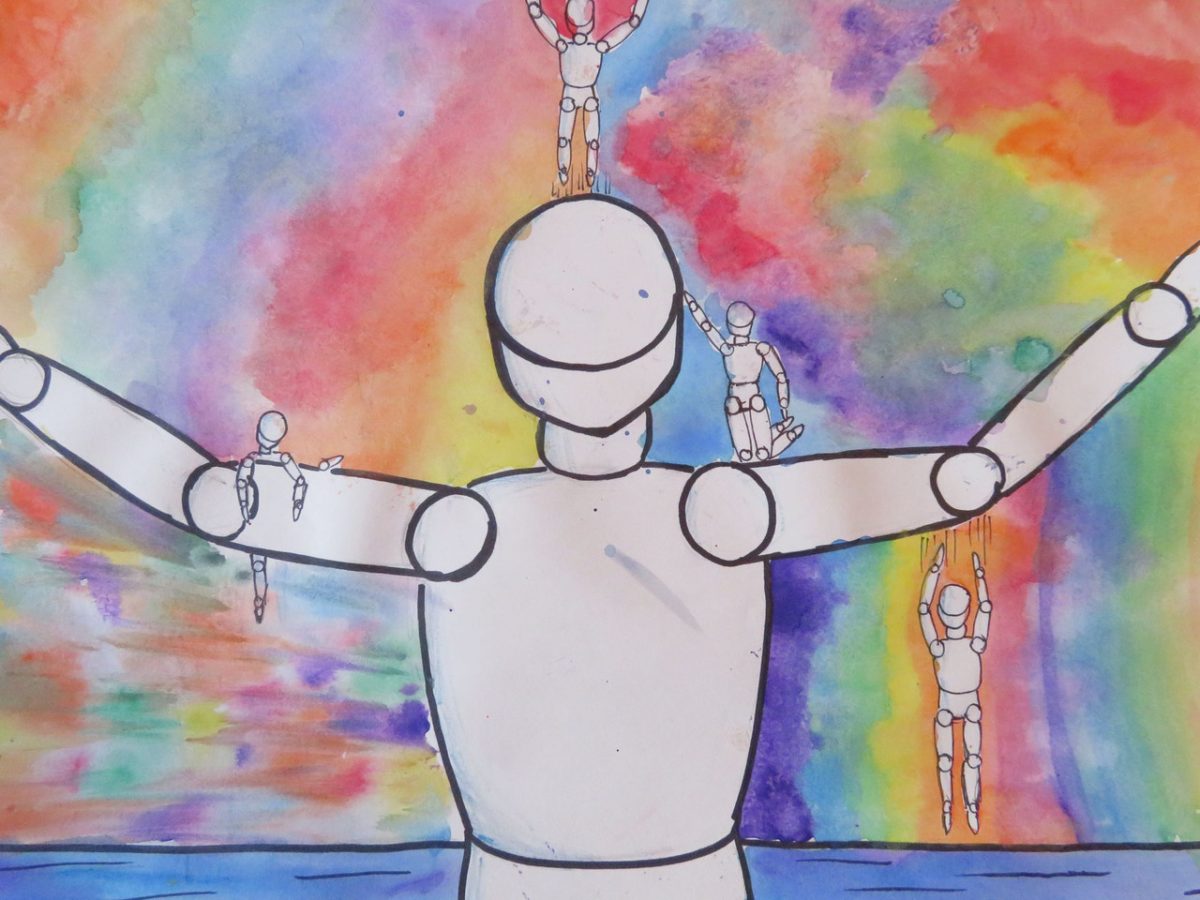 Multimedia piece with mannequins and bright colors