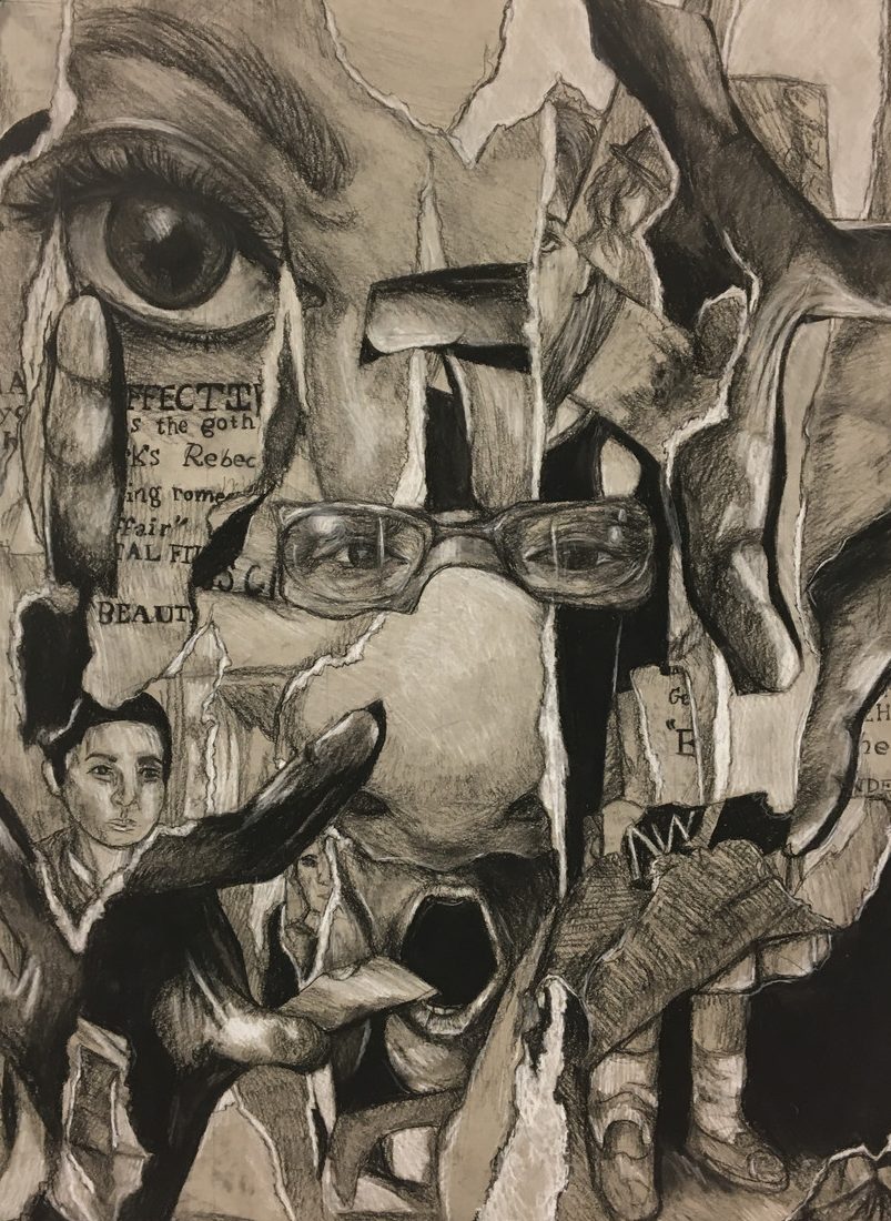 Illustration of collage portrait images torn and rearranged together.