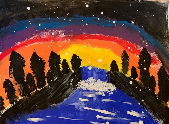 A painting of a sunset with a line of dark trees
