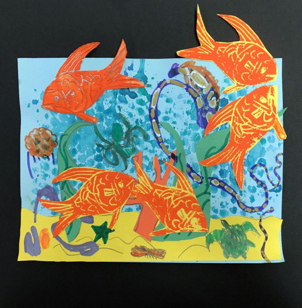 A mixed media collage of five goldfish swimming under water.