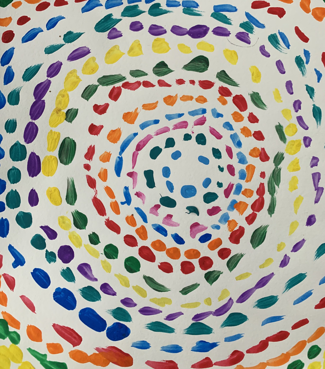 An abstract painting made of colorful dashes in a circular design.