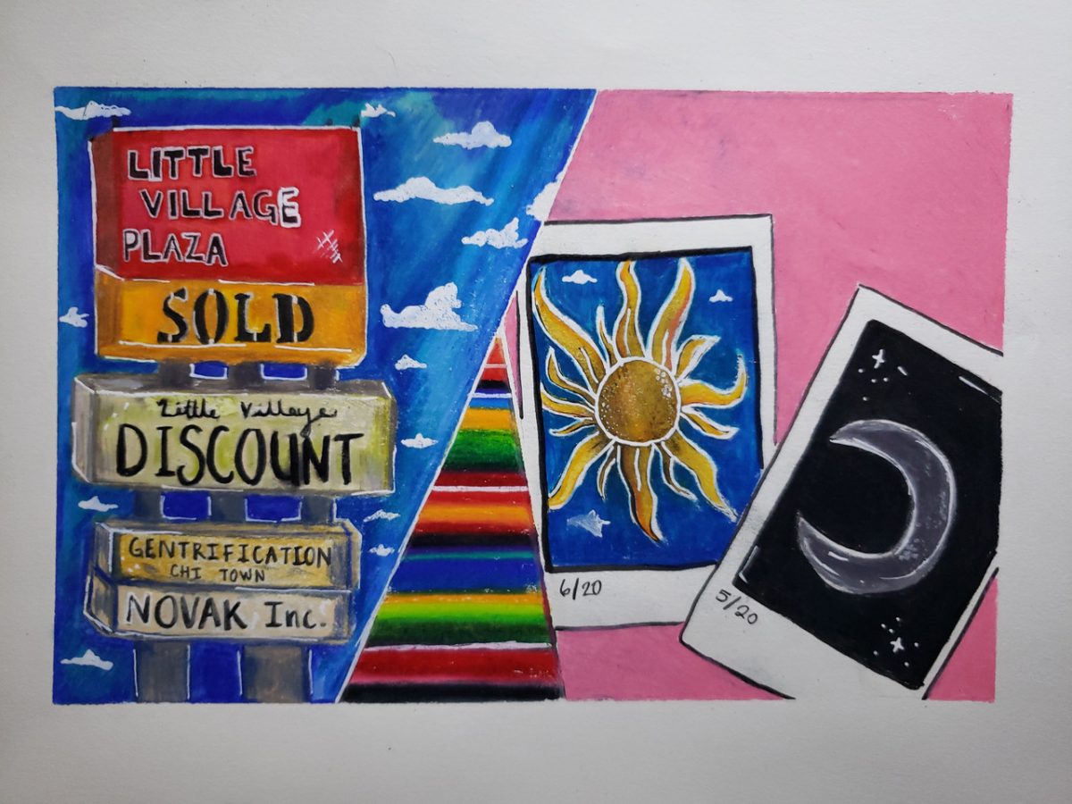 Collage drawing of signage and postcards