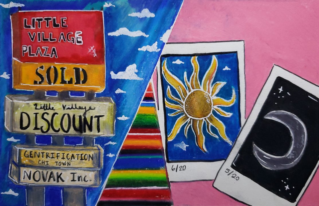 Collage drawing of signage and postcards