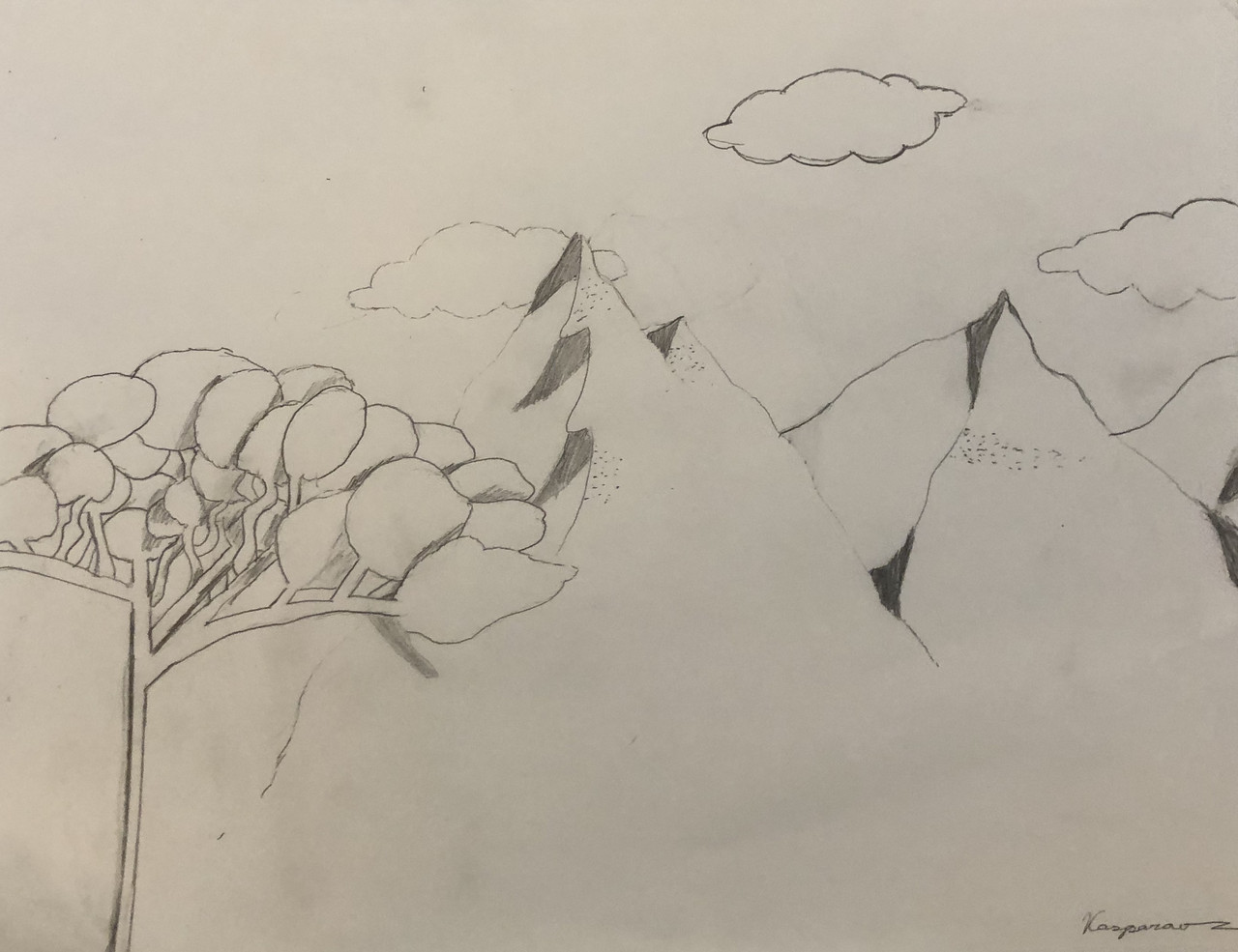 Line drawing of a mountains with tree and clouds