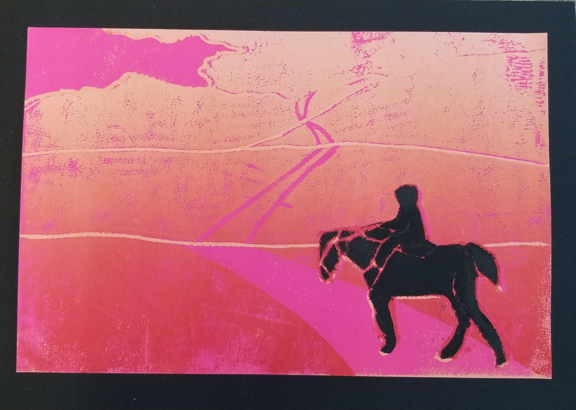 Silhouette of a person riding a horse on a pink and red background