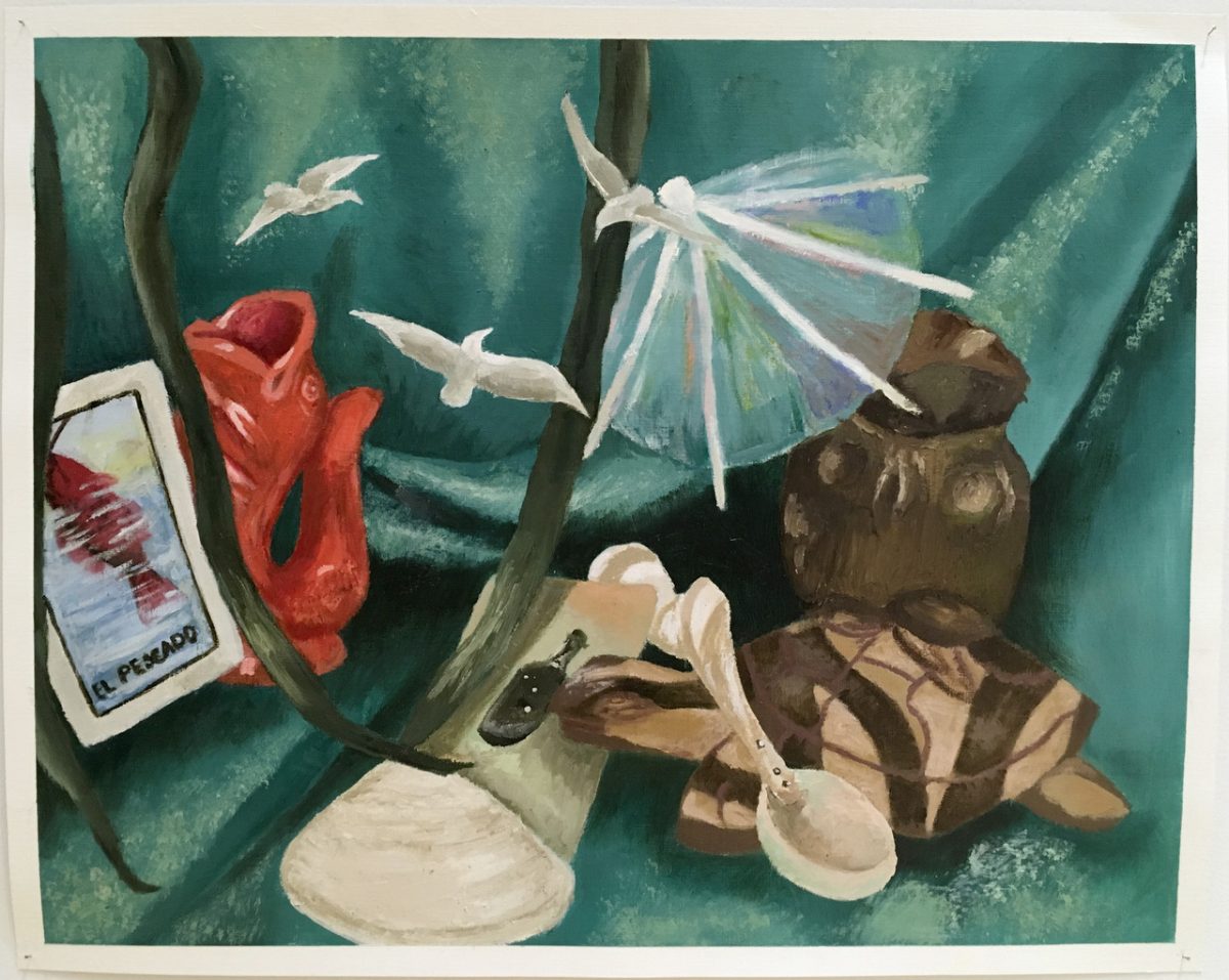 Painting of a series of objects on turquoise fabric background