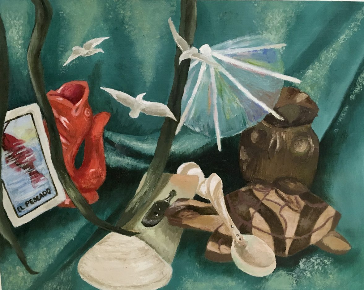 Painting of a series of objects on turquoise fabric background