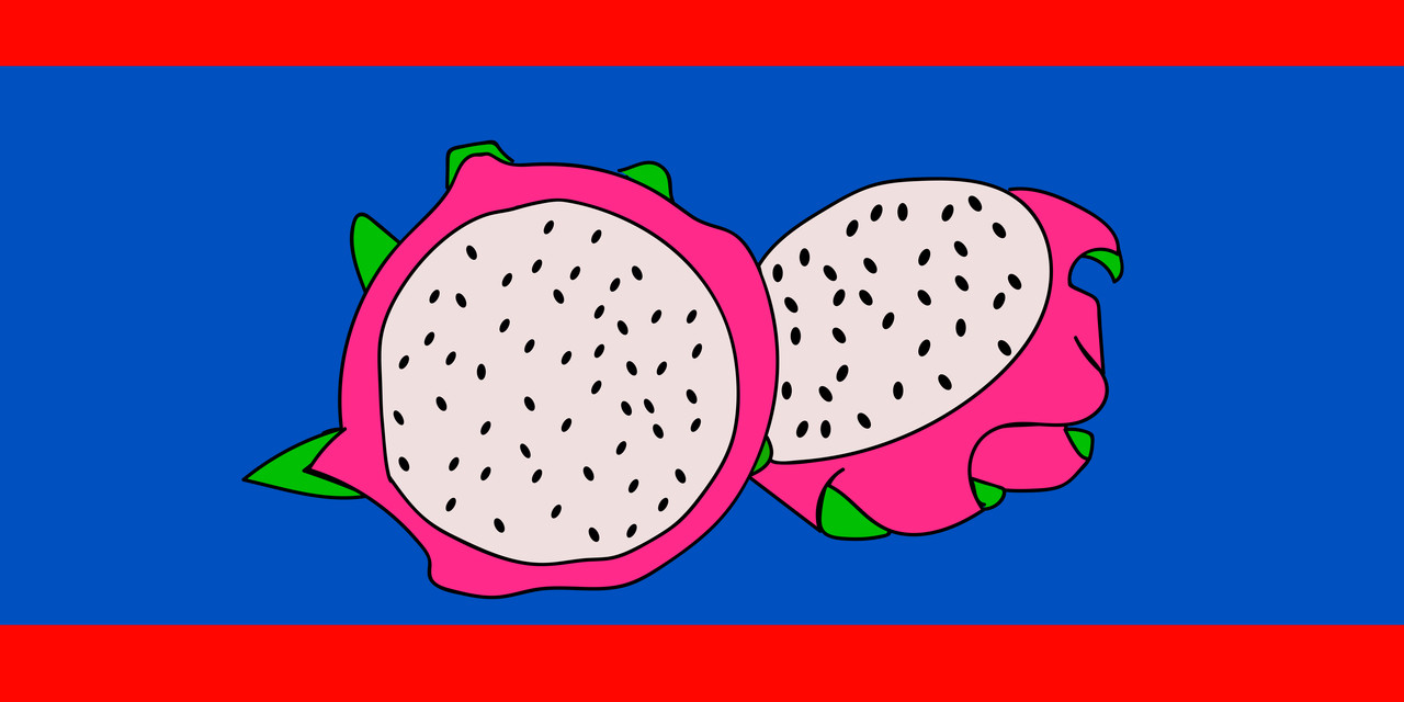 Circle cut in half with black seeds in the center, and a hot pink skin, with green leaves