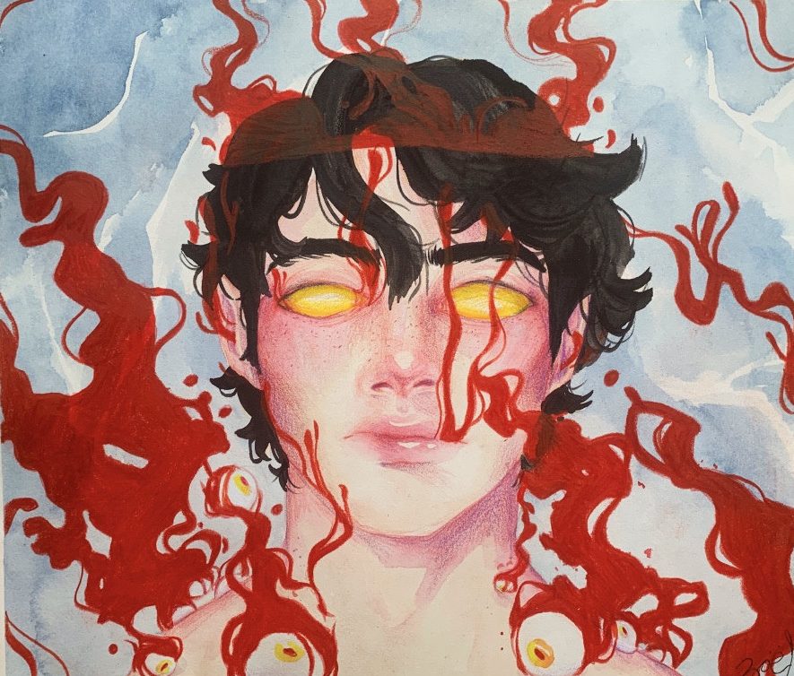 Portrait illustration of a figure surrounded by red curving lines and eyes.