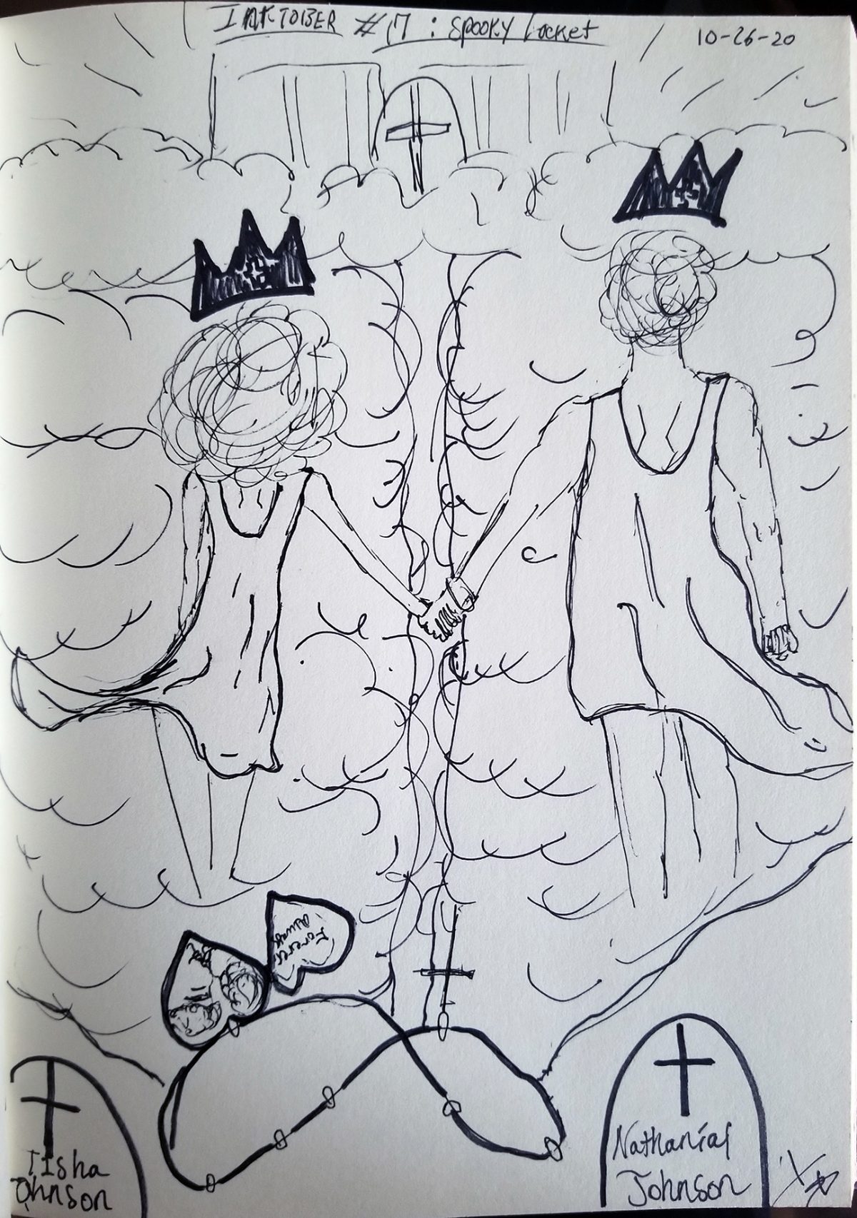 two people holding hands walking towards heaven with a locket on the ground behind them