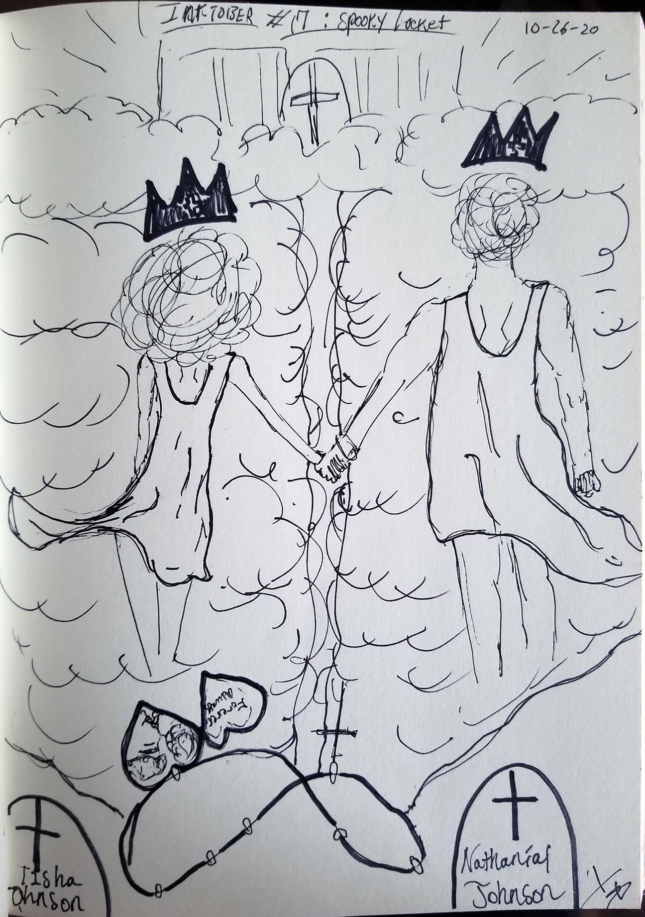 two people holding hands walking towards heaven with a locket on the ground behind them