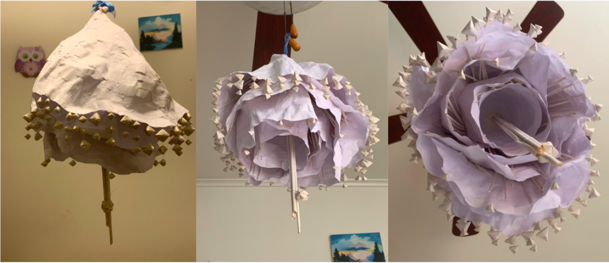 3 images of flower sculpture around ceiling fan
