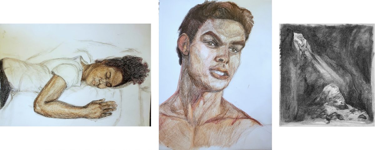 Drawings of person sleeping, portrait, and floating face