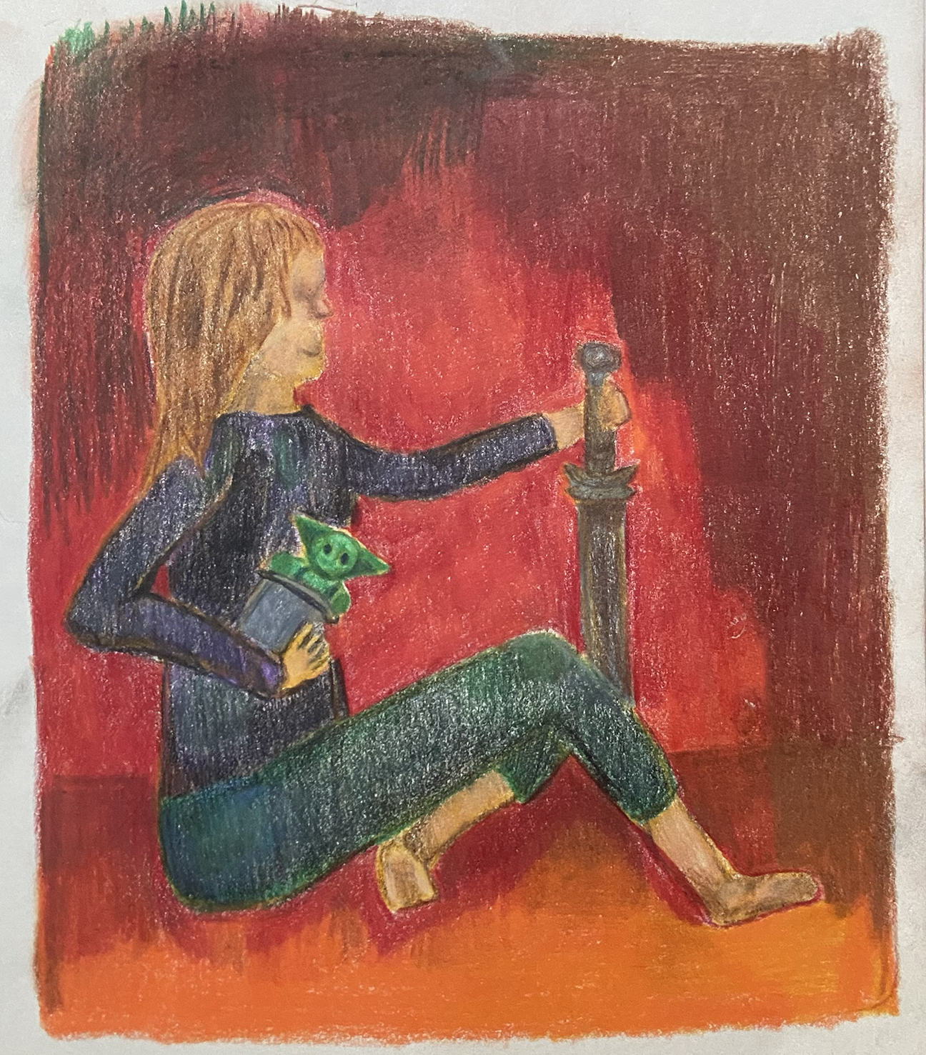 person holding a green doll in a can and a sword