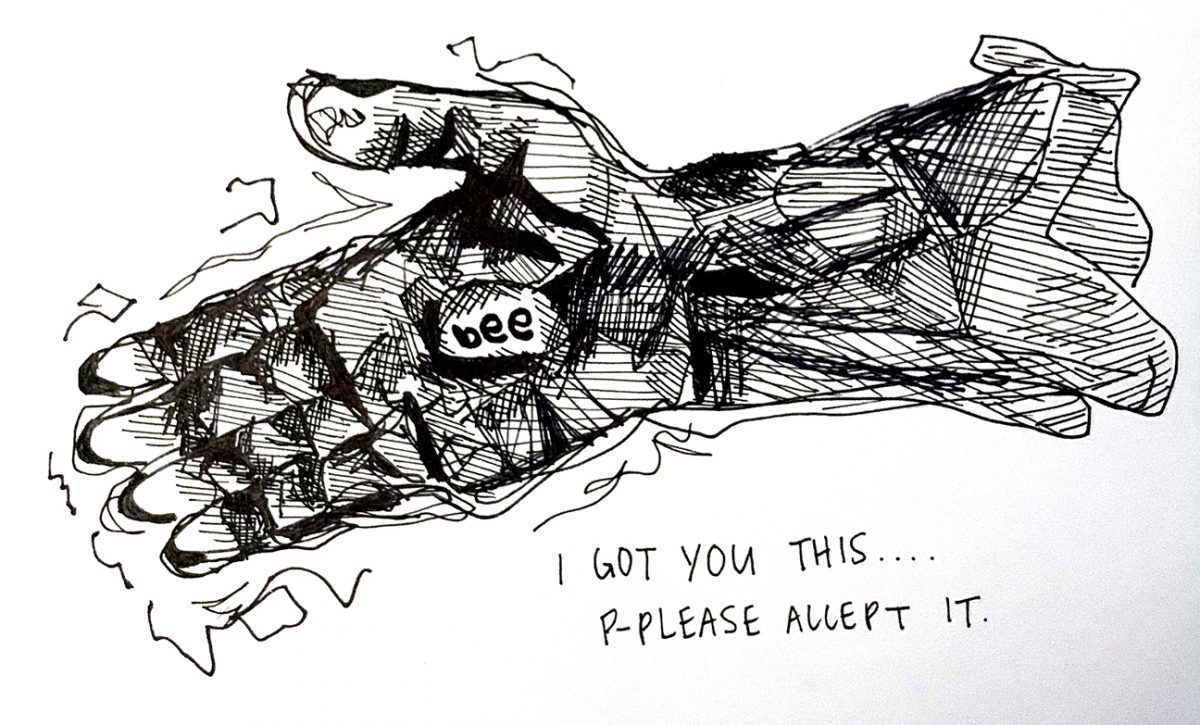 hand with bee written on the palm