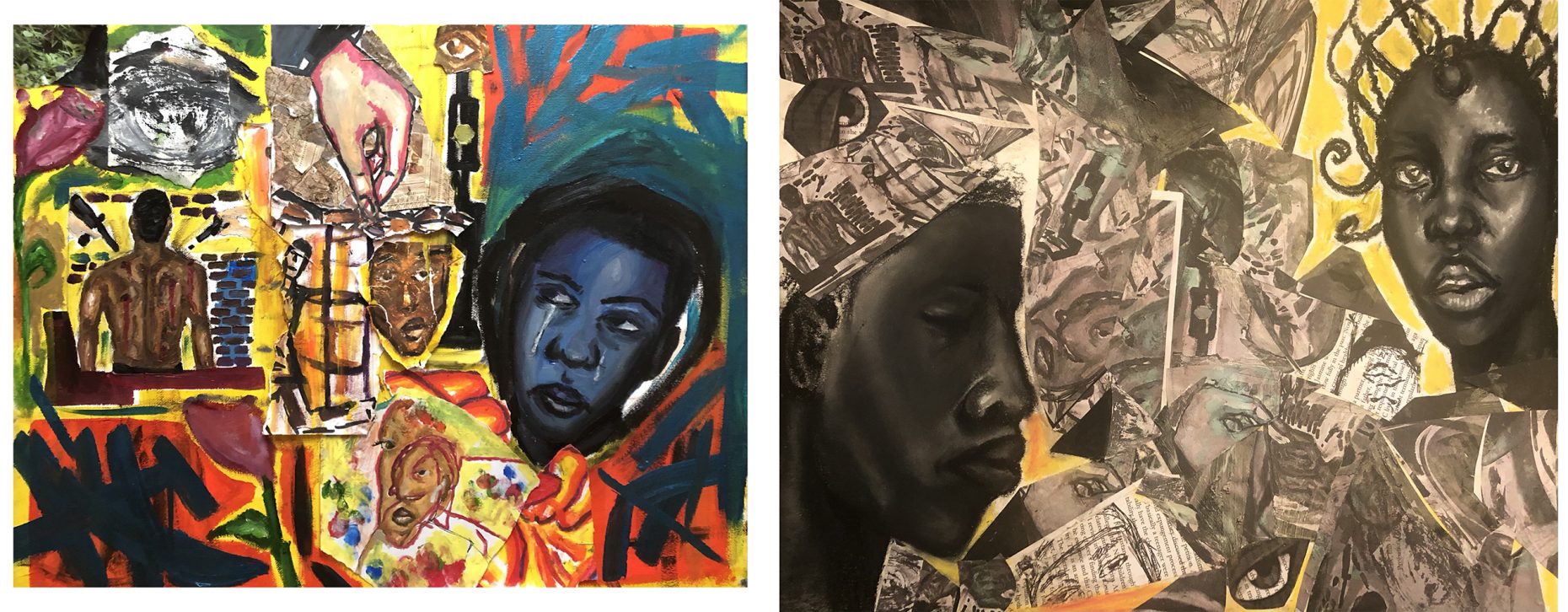 Collage with faces and bright colors, painting with faces and muted colors