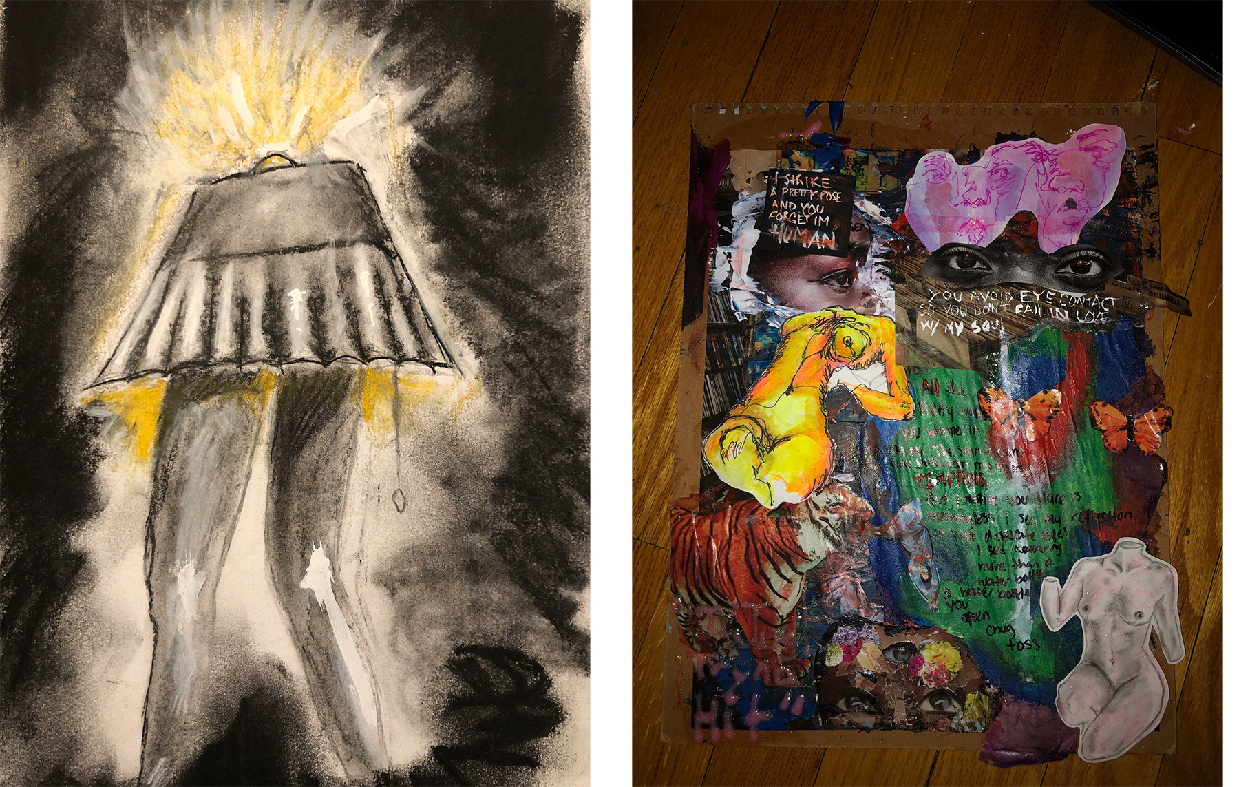 Collage of abstract shapes and leg lamp drawing