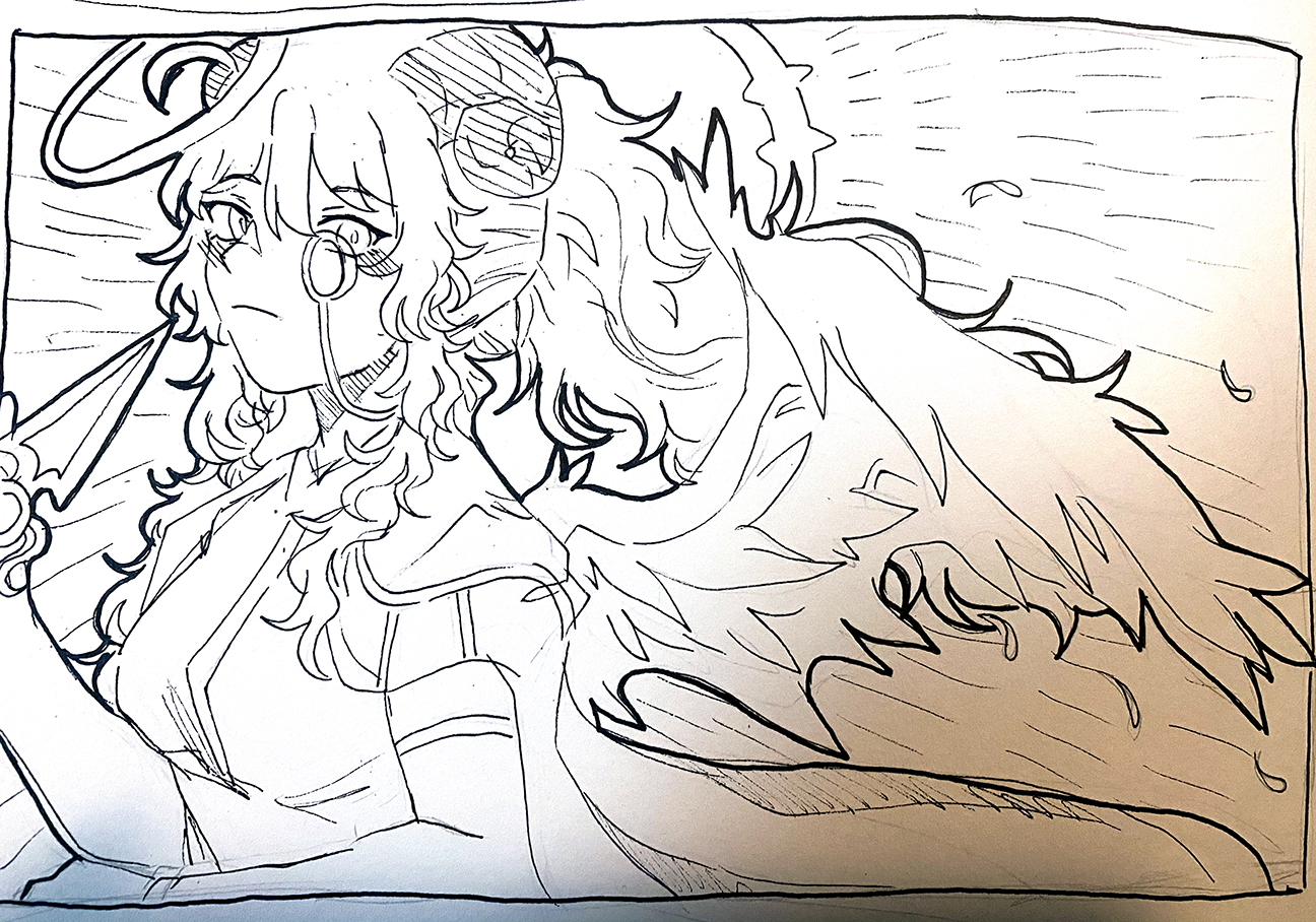 person with long hair and a monocle