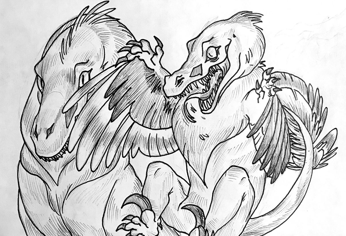 dinosaur with feathers and long tail