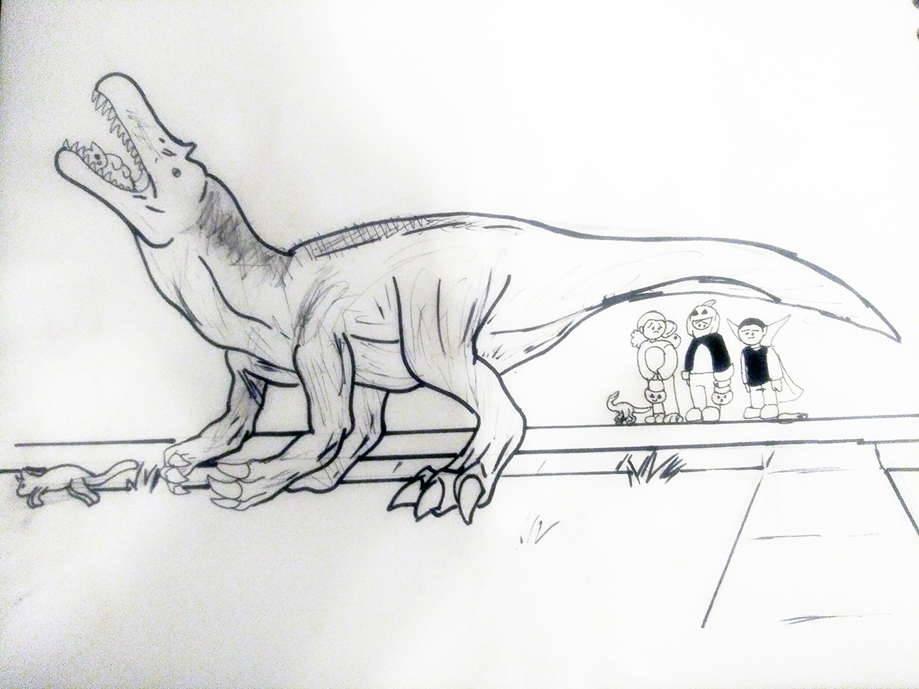 dinosaur in park while three kids look on