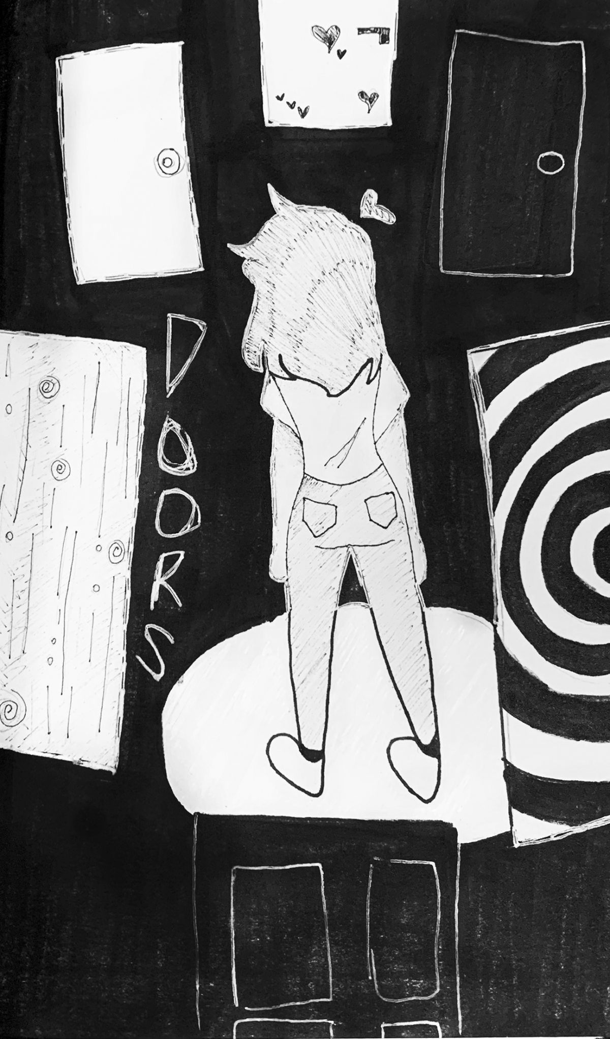 person standing in front of images of various doors