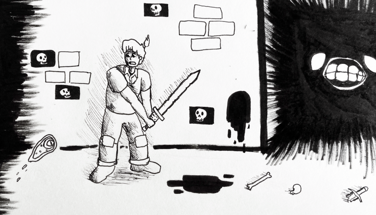 Person with sword in dungeon