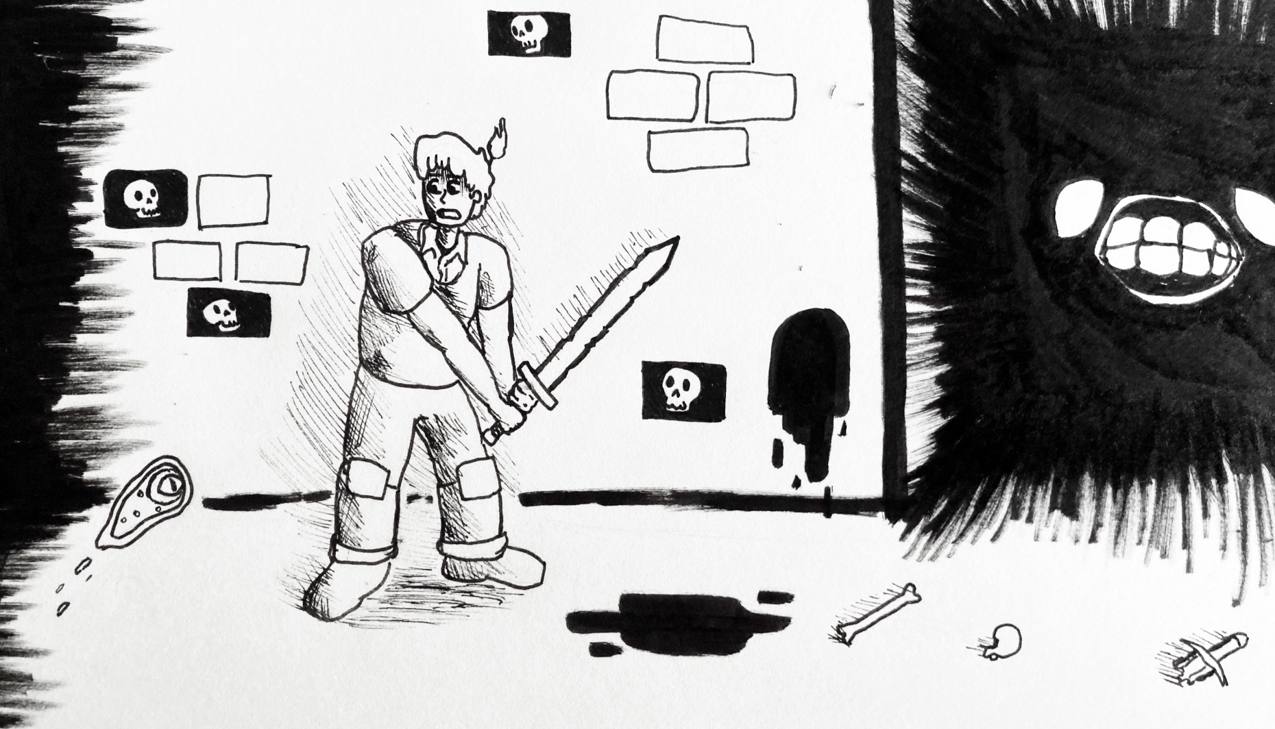 Person with sword in dungeon