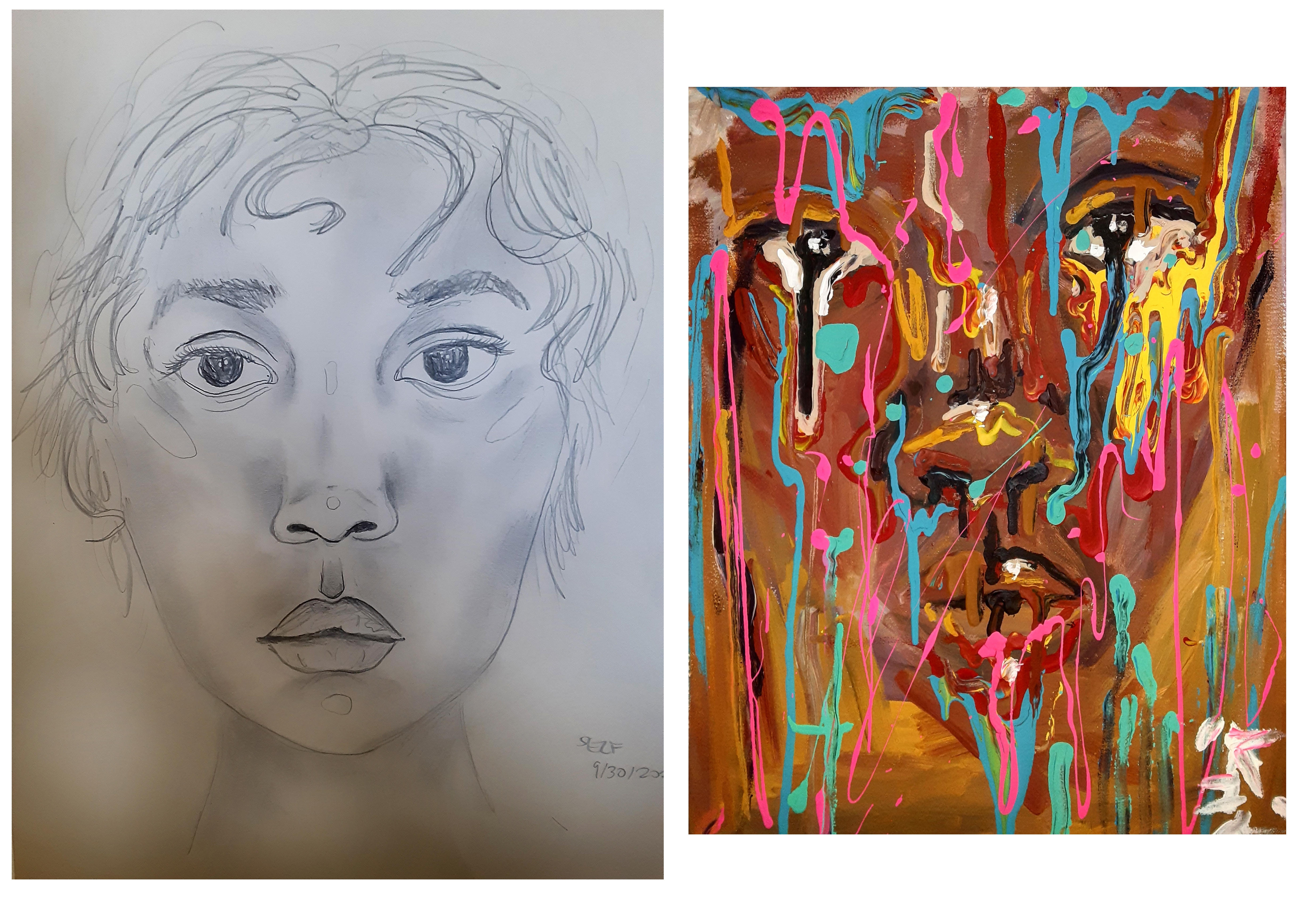 b/w portrait and a face with paint drips