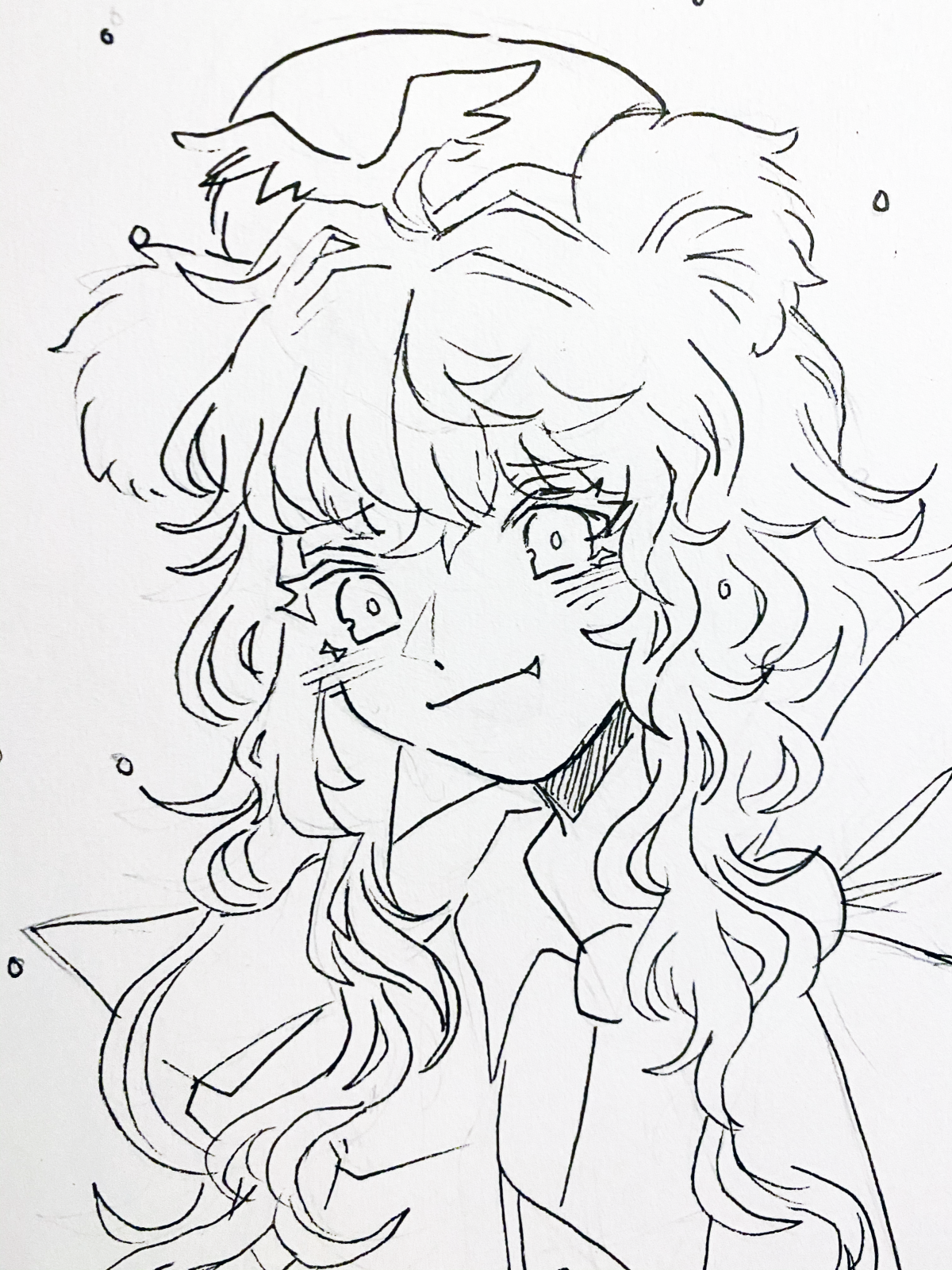 B/W line drawing of a person's face and their long hair.