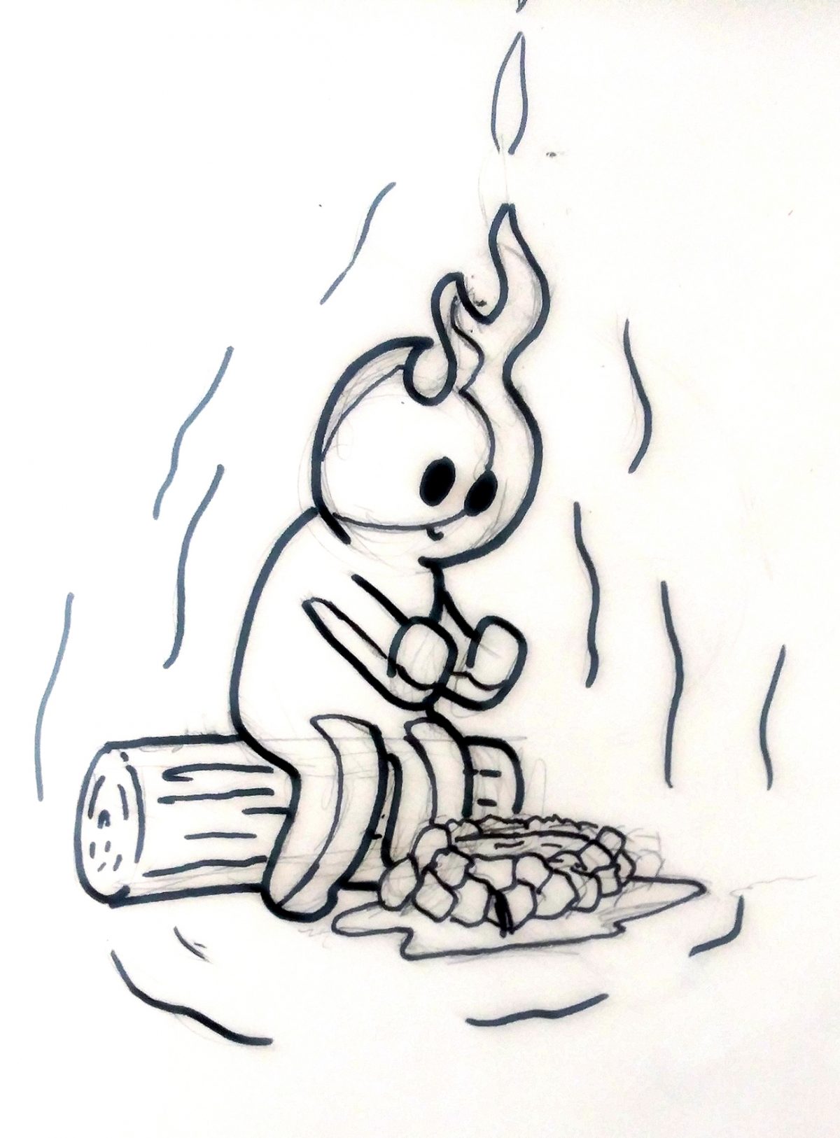 Fire sitting on a log in front of a bunch of marshmallows