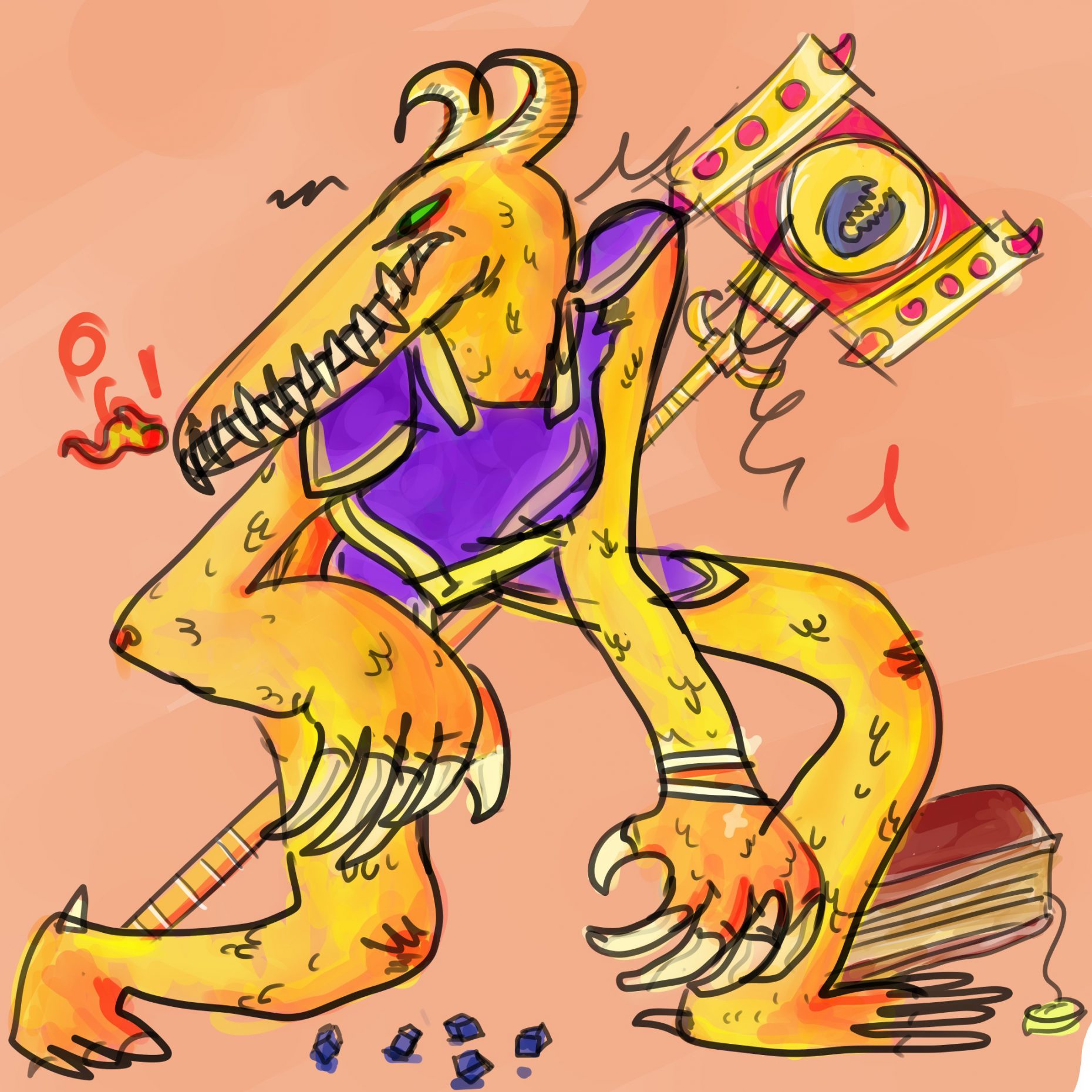 Drawing of a two-horned, fire-breathing creature with big teeth on a pink background.