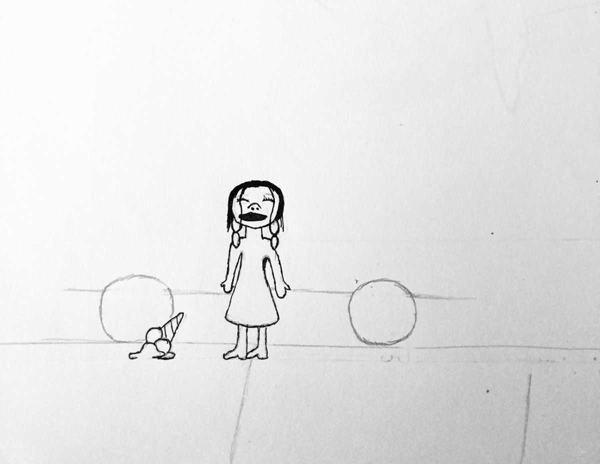 person with ice cream cone on sidewalk in front of her