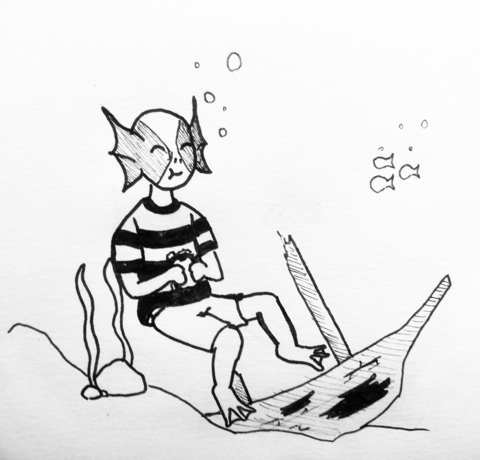 person underwater eating a sandwich