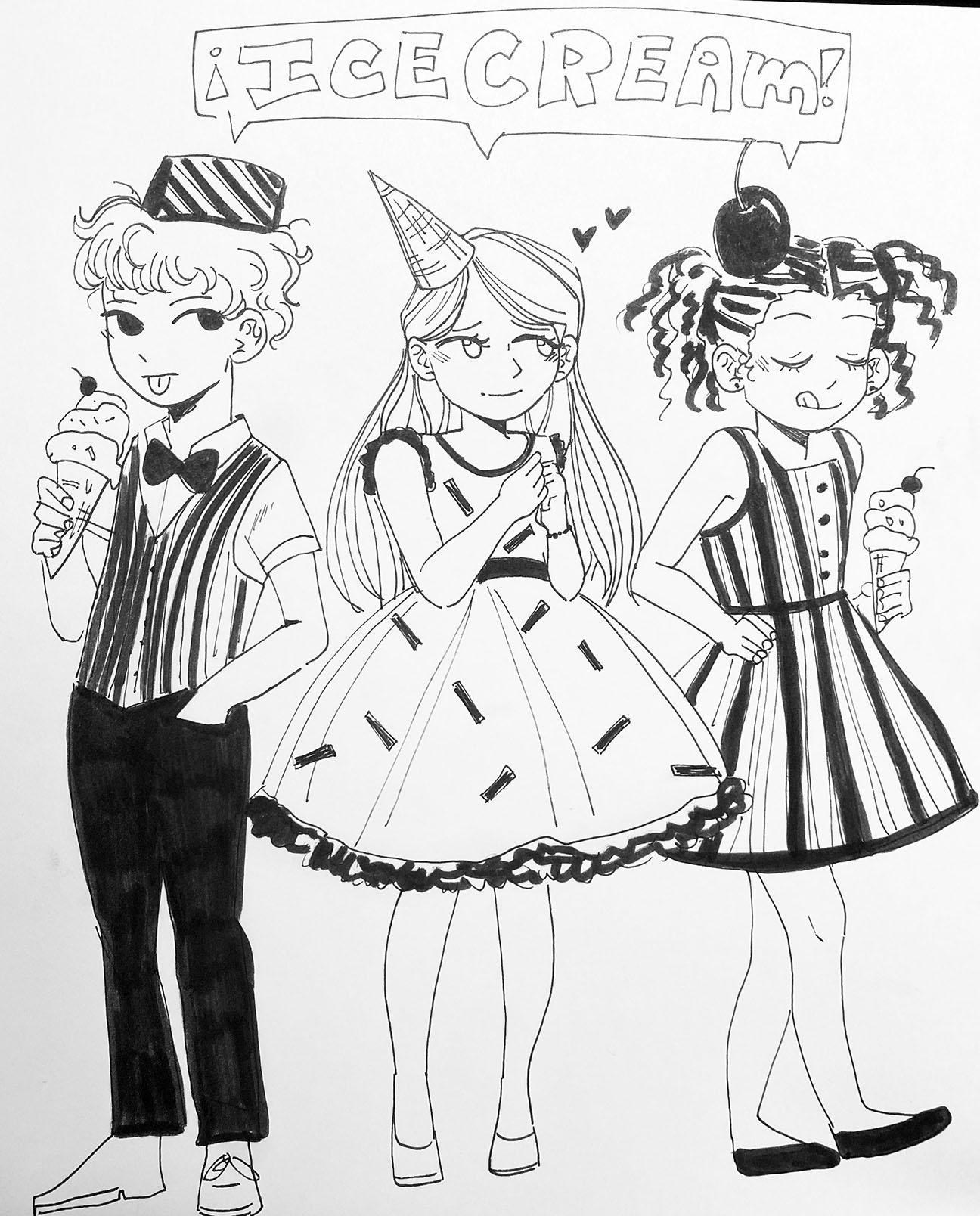 three people in party clothes eating ice cream cones