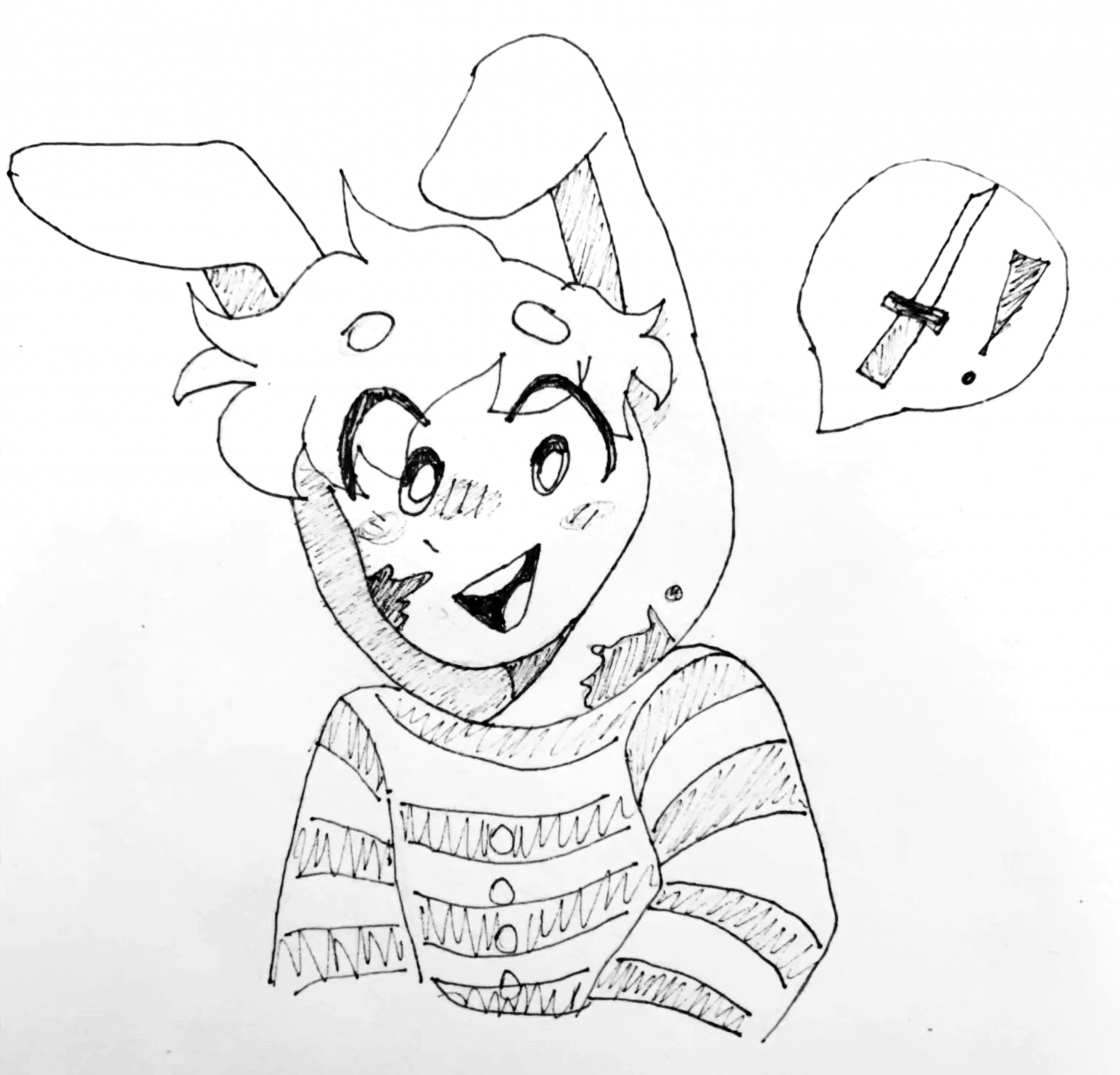 b/w line drawing of person wearing rabbit ears thinking of a sword