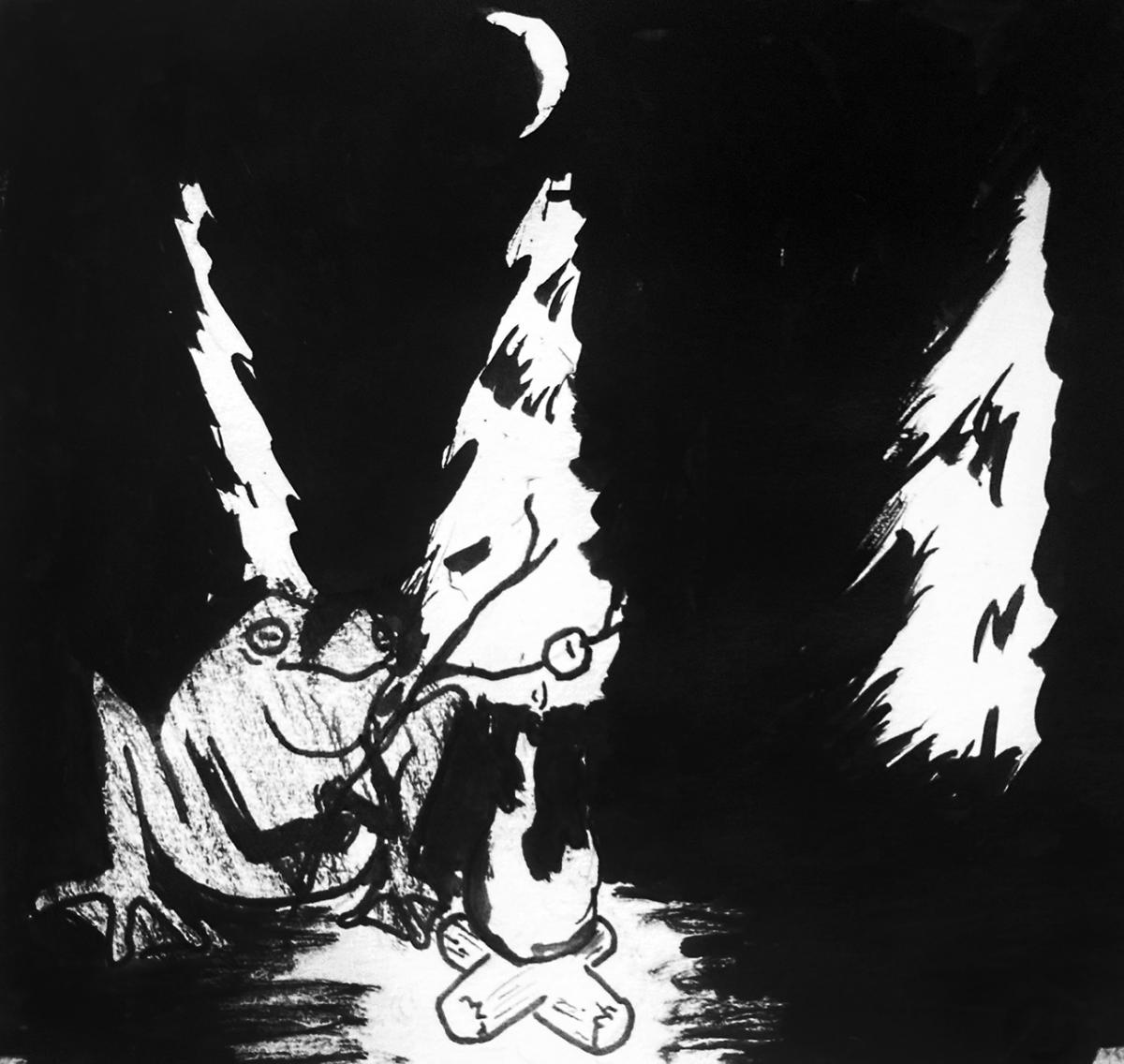 Frog at campfire roasting marshmallow