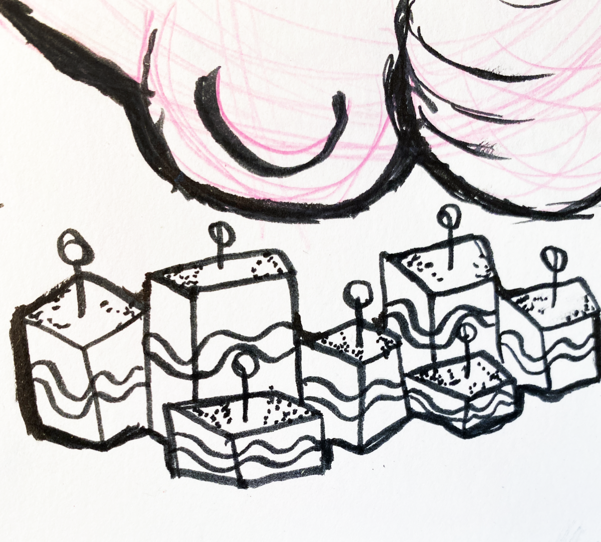 many sandwiches with a hand above