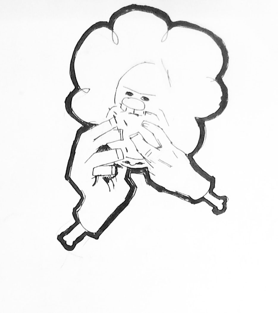 Face in a bubble with hands below