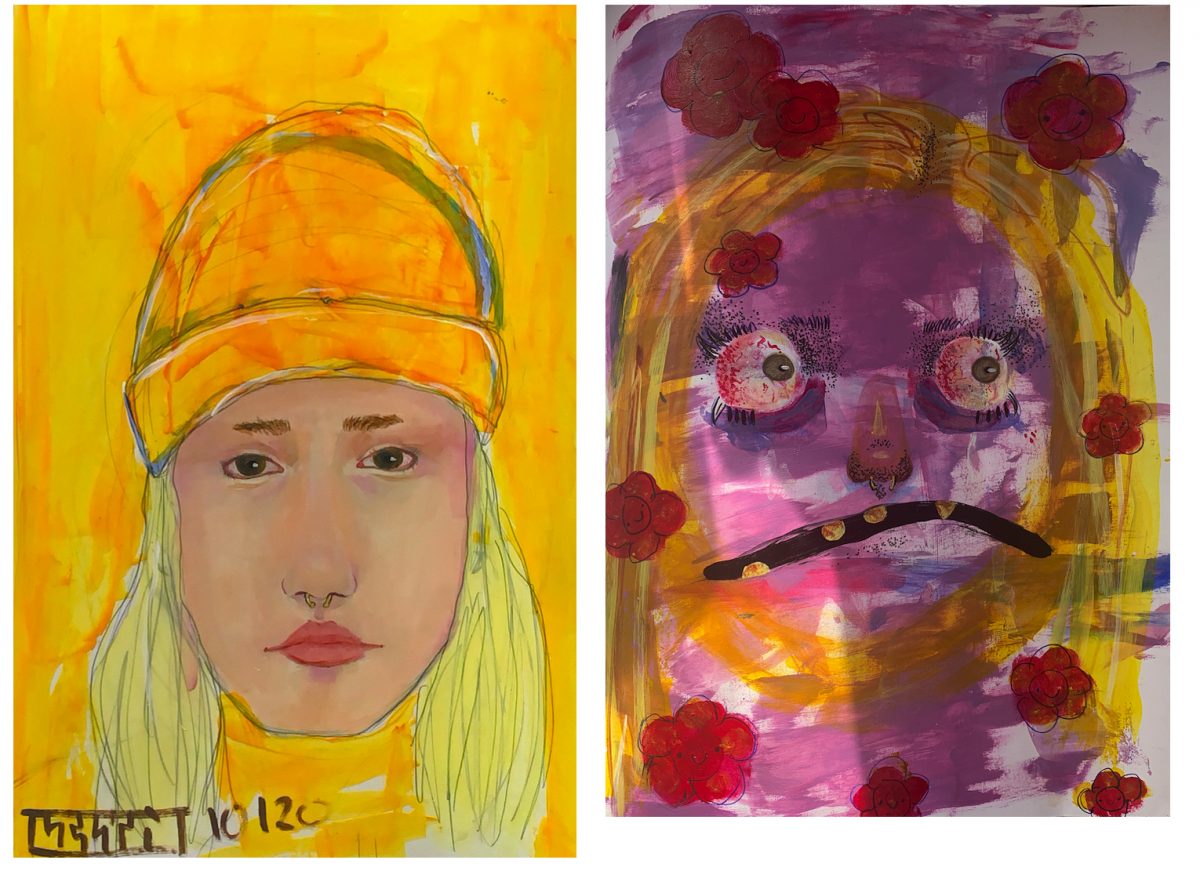 yellow portrait of a person in a hat, and purple portrait of a face