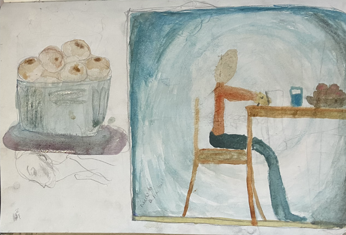 Painting of food in bowl and person sitting at table