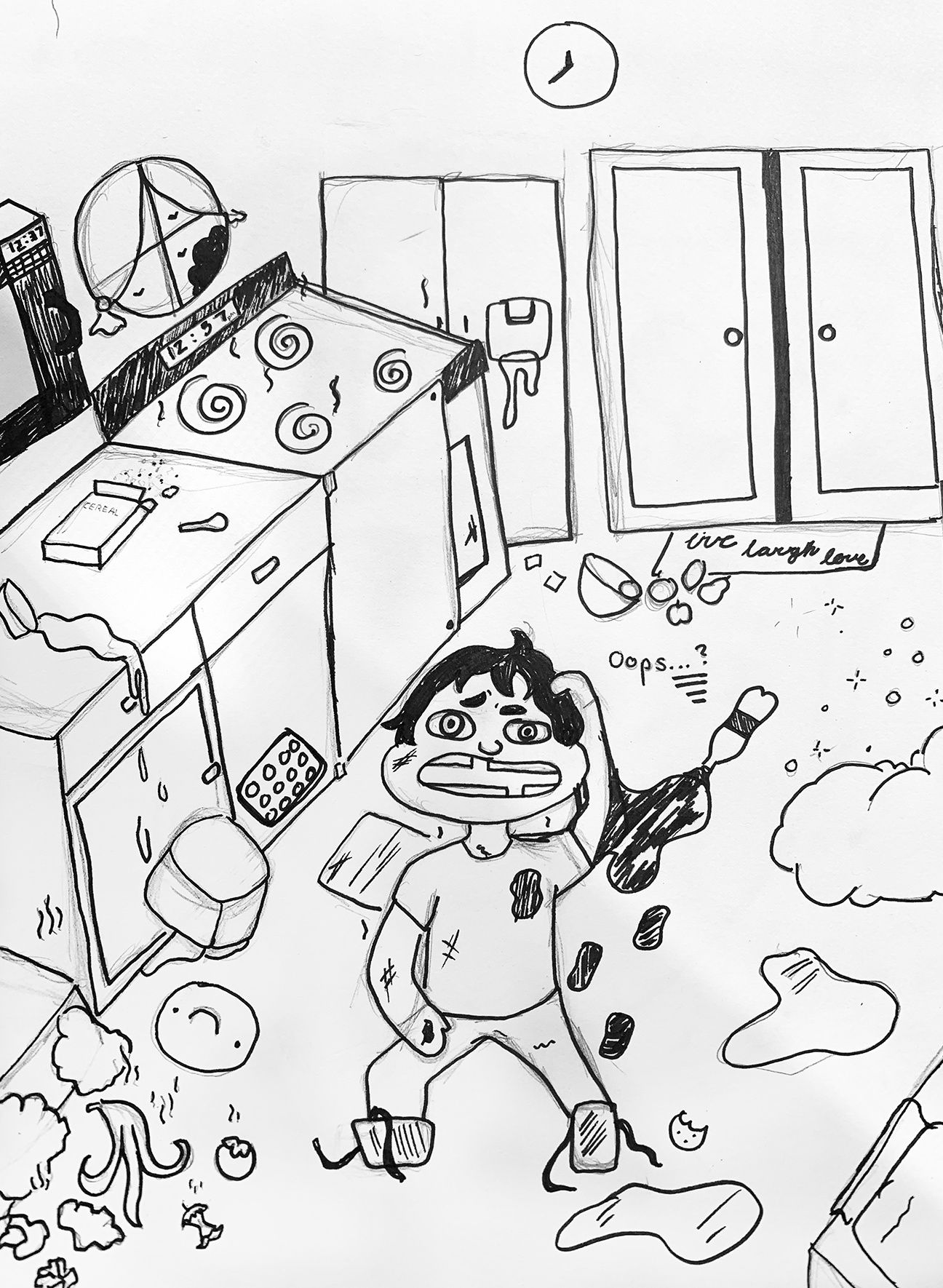 person in messy kitchen