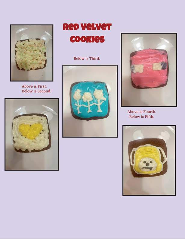 5 decorated cookies on purple background